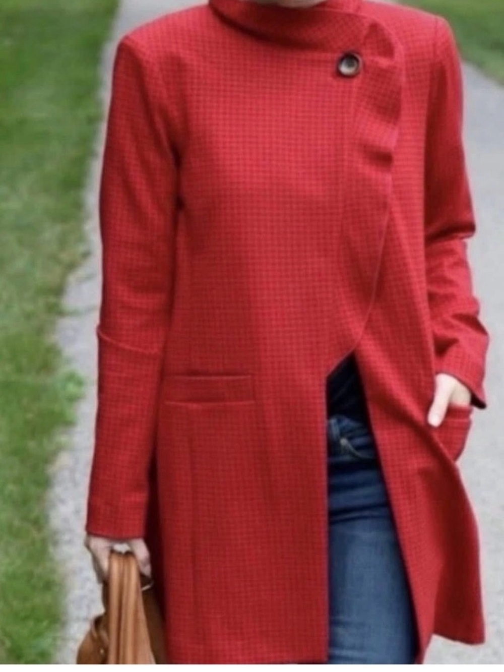 Cabi Red Funnel Neck Long Coat